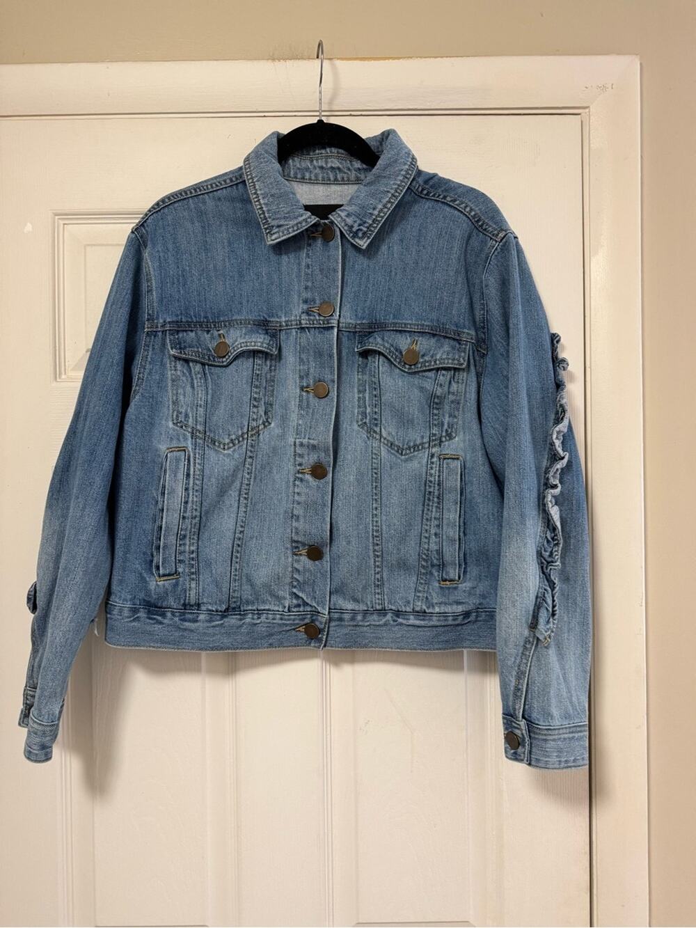 Who What Wear Light Blue Denim Jacket with Ruffle Detail